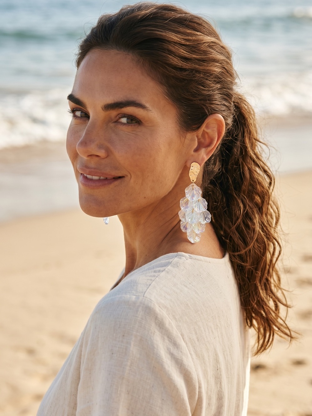 🐚JOY TO GO🐚Iridescent Seashell Drop Earrings with Gold-Tone Accents/NIB
